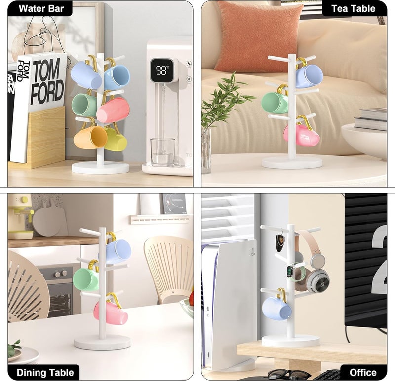 Wisuce White Coffee Mug Tree, Updated Thick Bamboo Mug Holder Base,Coffee Cup Stand Mug Holders with 6 Hooks for Countertop Organizer Stand - Image 5