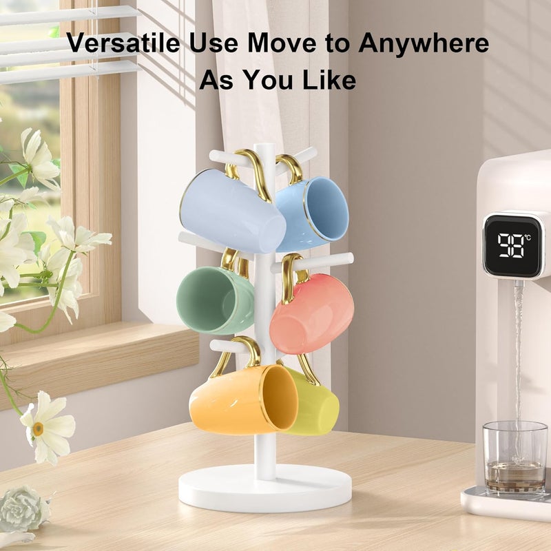 Wisuce White Coffee Mug Tree, Updated Thick Bamboo Mug Holder Base,Coffee Cup Stand Mug Holders with 6 Hooks for Countertop Organizer Stand - Image 1