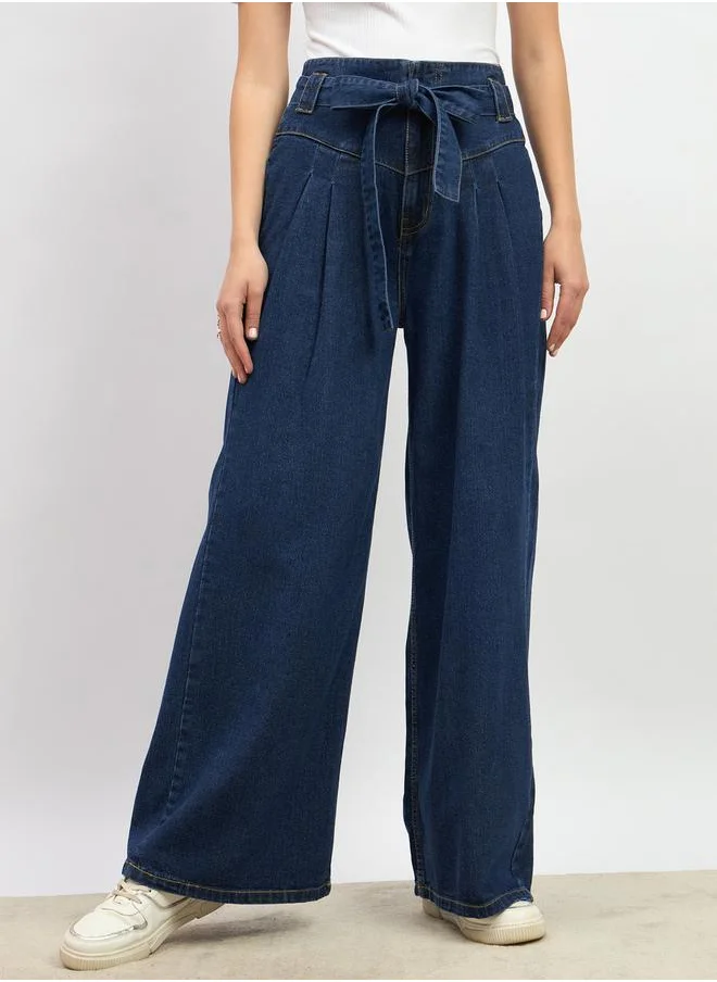 ستايلي High Rise Wide Leg Pleated Jeans with Waist Tie-Up Belt