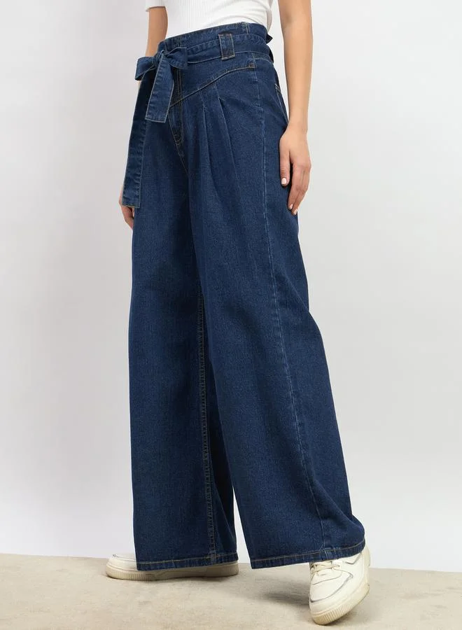 Styli High Rise Wide Leg Pleated Jeans with Waist Tie-Up Belt