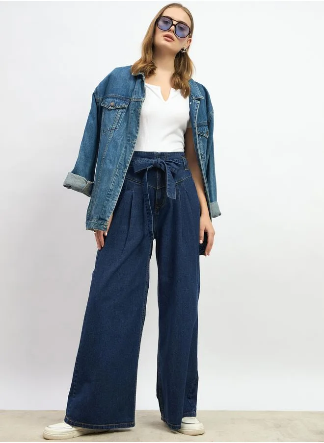 Styli High Rise Wide Leg Pleated Jeans with Waist Tie-Up Belt