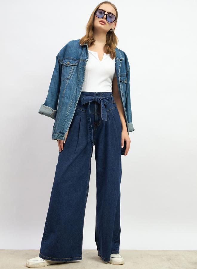 ستايلي جينز واسع بخصر مرتفع وطيات مع حزام خصر برباط - Image 1