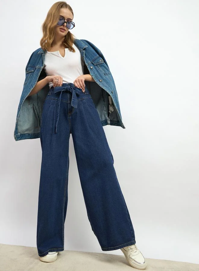 Styli High Rise Wide Leg Pleated Jeans with Waist Tie-Up Belt