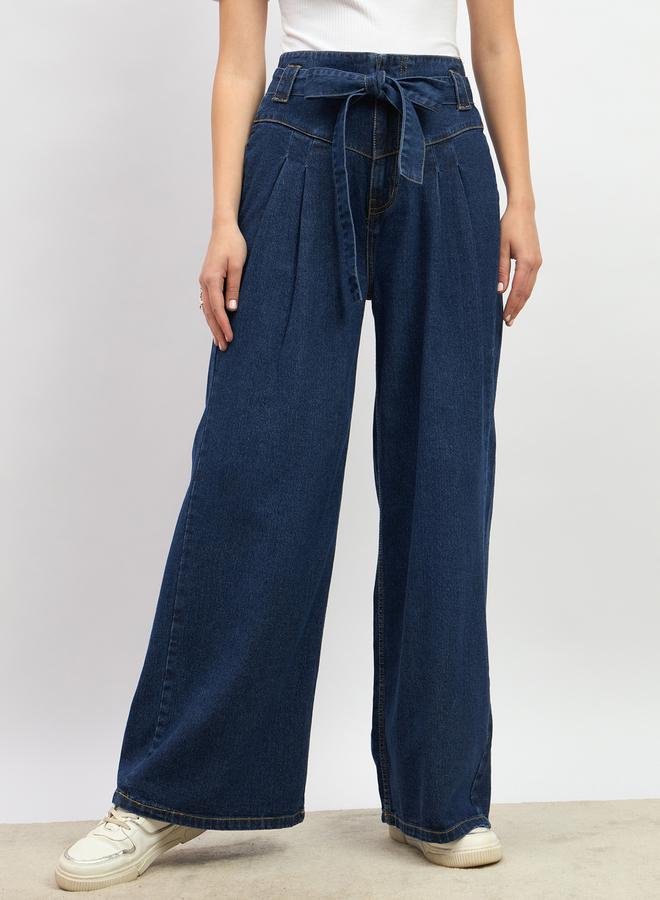 ستايلي جينز واسع بخصر مرتفع وطيات مع حزام خصر برباط - Image 2