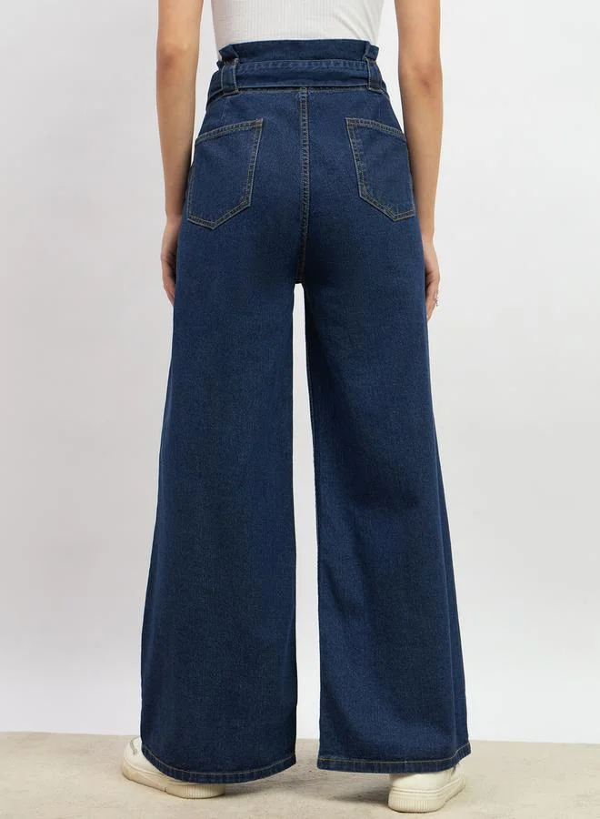 Styli High Rise Wide Leg Pleated Jeans with Waist Tie-Up Belt