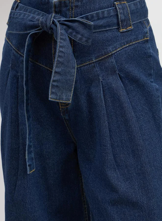 Styli High Rise Wide Leg Pleated Jeans with Waist Tie-Up Belt