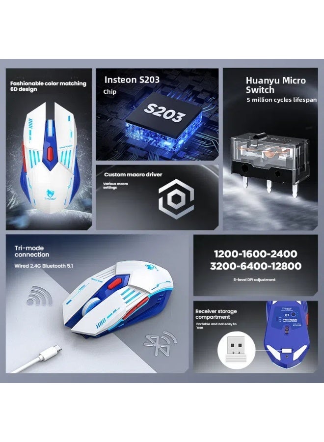 T-WOLF X7 Bluetooth the third mock examination wireless mouse TYPEC charging mute game light RGB mouse 6D game laptop electric sports mouse DIP up to 128000 - Image 4