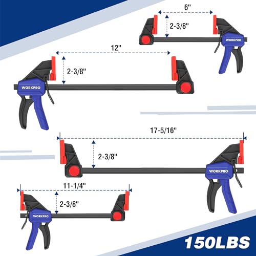 WORKPRO 10-Pack Bar Clamps for Woodworking, 6-Inch (2) Mini & (2) Light Duty and 12-Inch (2) Wood Clamps & 1-Inch (4) Spring Clamps, F Clamp with 50/150 LBS Load Limited - Image 2