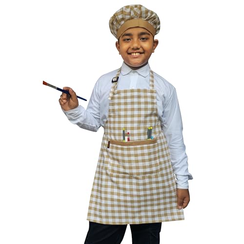 Switchon Waterproof Kids Multi Purpose Cooking Painting and School checkered kids Apron with Chef cap for 5 Yrs to 12 yrs (Beige_White) - Image 3