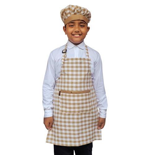 Switchon Waterproof Kids Multi Purpose Cooking Painting and School checkered kids Apron with Chef cap for 5 Yrs to 12 yrs (Beige_White) - Image 1