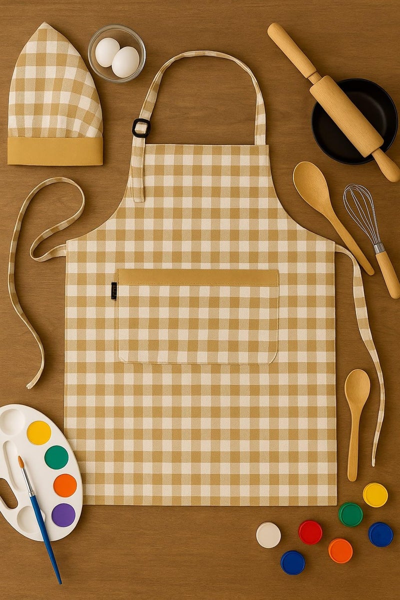 Switchon Waterproof Kids Multi Purpose Cooking Painting and School checkered kids Apron with Chef cap for 5 Yrs to 12 yrs (Beige_White) - Image 4