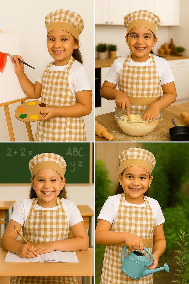 Switchon Waterproof Kids Multi Purpose Cooking Painting and School checkered kids Apron with Chef cap for 5 Yrs to 12 yrs (Beige_White) - Image 5