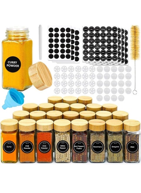 24-Piece Glass Spice Jar Set with Airtight Bamboo Lids - 120ml Empty Square Spice Containers with Shaker Lids, Labels, Collapsible Silicone Funnel, Sponge Brush, and Whiteboard Marker Included