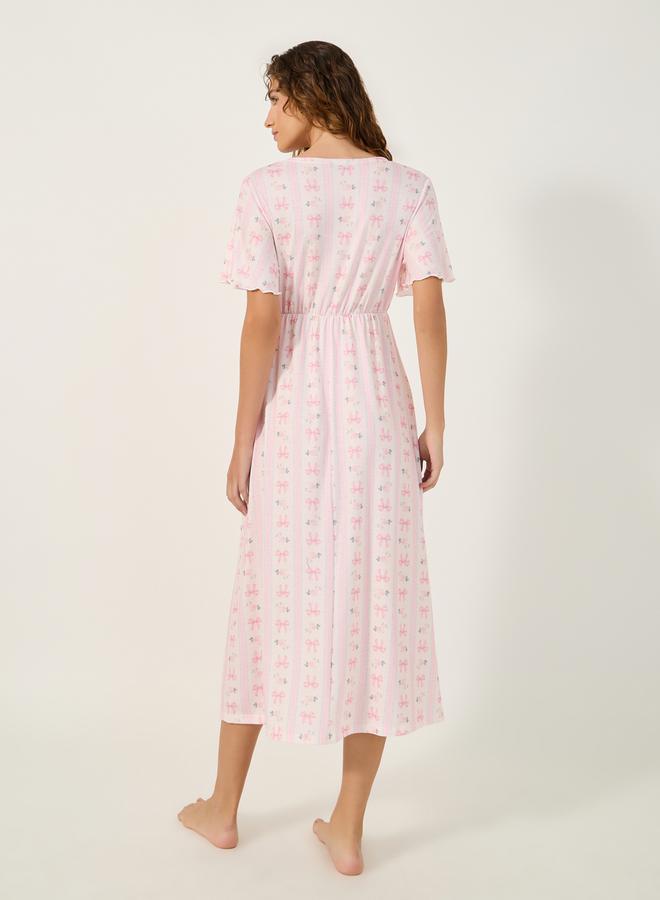 Styli All-Over Bow Print V-Nek Wrap Nightdress  - Image 4