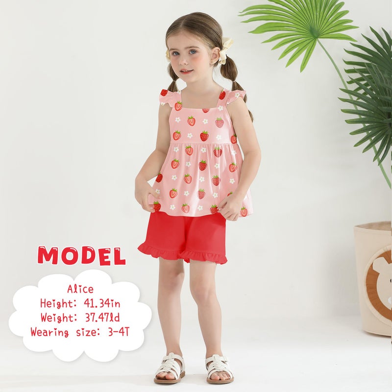 YUEMION Toddler Gir Clothes, 2Pcs Baby Gir Summer Outfits Ruffle Sleeveless Shirts Flora Tops + Shorts Clothing Set(Strawberry + Red, 2-3T) - Image 4