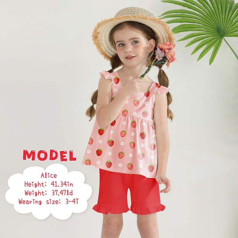 YUEMION Toddler Gir Clothes, 2Pcs Baby Gir Summer Outfits Ruffle Sleeveless Shirts Flora Tops + Shorts Clothing Set(Strawberry + Red, 2-3T) - Image 2