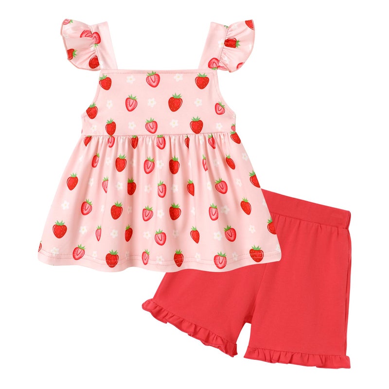 YUEMION Toddler Gir Clothes, 2Pcs Baby Gir Summer Outfits Ruffle Sleeveless Shirts Flora Tops + Shorts Clothing Set(Strawberry + Red, 2-3T) - Image 1