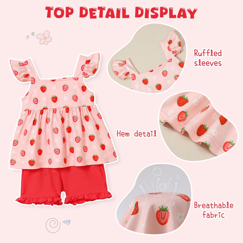 YUEMION Toddler Gir Clothes, 2Pcs Baby Gir Summer Outfits Ruffle Sleeveless Shirts Flora Tops + Shorts Clothing Set(Strawberry + Red, 2-3T) - Image 5