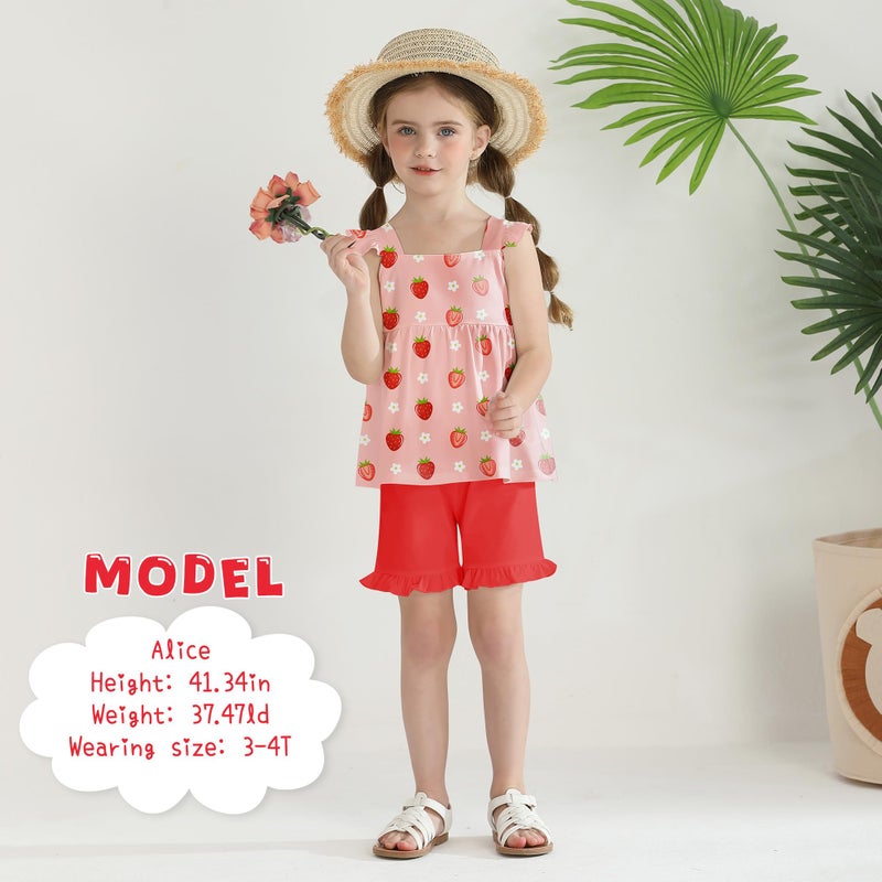 YUEMION Toddler Gir Clothes, 2Pcs Baby Gir Summer Outfits Ruffle Sleeveless Shirts Flora Tops + Shorts Clothing Set(Strawberry + Red, 2-3T) - Image 3