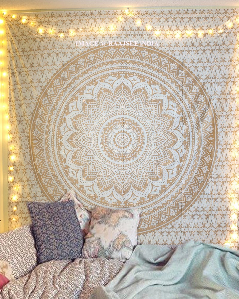 raajsee raajsee Gold Mandala Tapestry Bedroom Aesthetic  Indie Wall Tapestries Hippie Room Decor  Boho White Trippy Wall Hanging  Golden Mandalas Wall Art 52x82 inches 