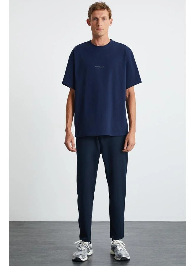Grimelange River Men's Oversized Fit Loose Cut Embroidered Basic Knit Navy T-shirt.