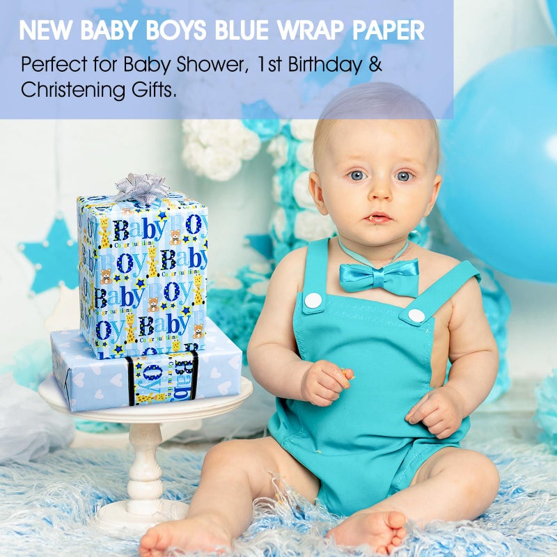 Yarcony Boy Baby Shower Wrapping Paper - 17 Inch X 33 Feet - Reversible Cute Blue Baby Boy Animal Heart Theme Newborn Gift Wrap Paper for 1st Birthday, Baby Shower, Children's Christening, New Mommy - Image 5