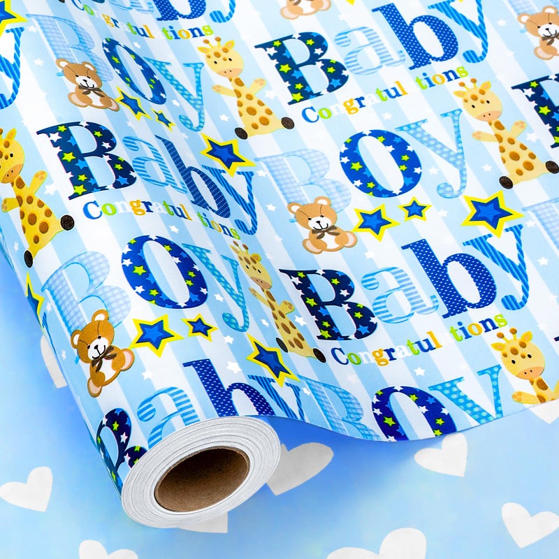 Yarcony Boy Baby Shower Wrapping Paper - 17 Inch X 33 Feet - Reversible Cute Blue Baby Boy Animal Heart Theme Newborn Gift Wrap Paper for 1st Birthday, Baby Shower, Children's Christening, New Mommy - Image 1