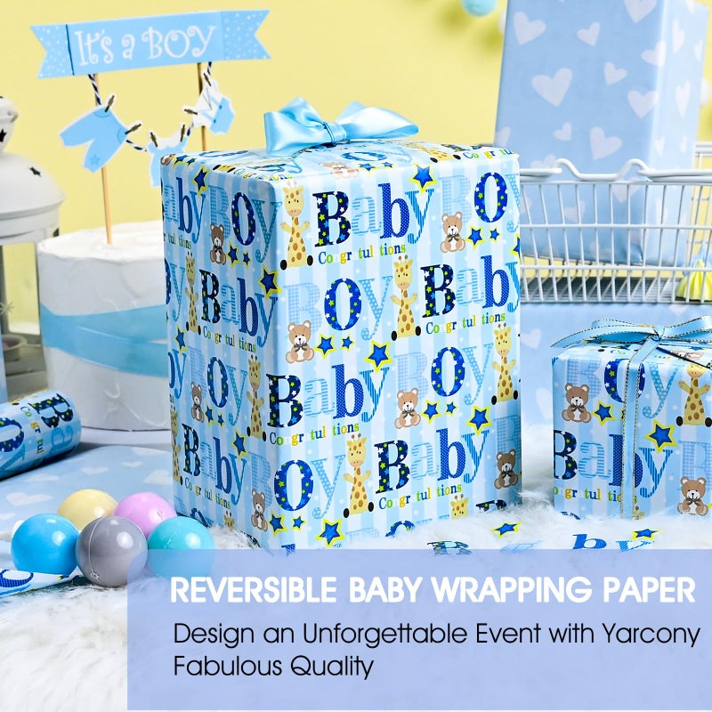 Yarcony Boy Baby Shower Wrapping Paper - 17 Inch X 33 Feet - Reversible Cute Blue Baby Boy Animal Heart Theme Newborn Gift Wrap Paper for 1st Birthday, Baby Shower, Children's Christening, New Mommy - Image 2