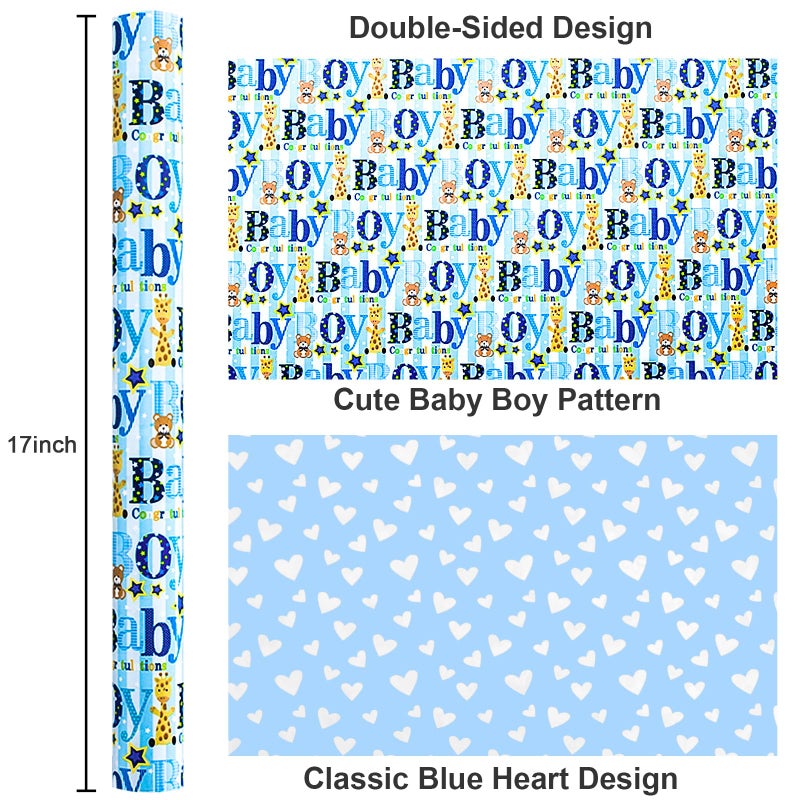 Yarcony Boy Baby Shower Wrapping Paper - 17 Inch X 33 Feet - Reversible Cute Blue Baby Boy Animal Heart Theme Newborn Gift Wrap Paper for 1st Birthday, Baby Shower, Children's Christening, New Mommy - Image 4
