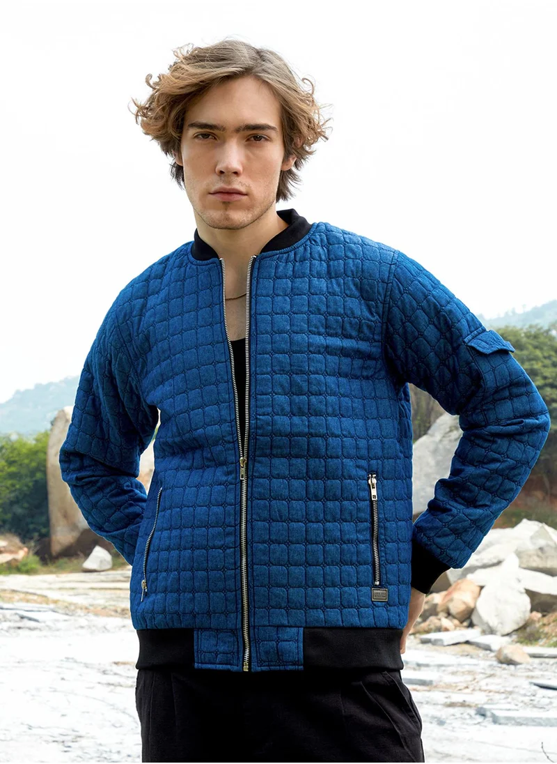 Campus Sutra Men's Indigo Blue Cubic-Quilted Bomber Jacket