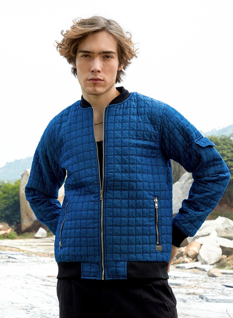 كامبوس سوترا Men's Indigo Blue Cubic-Quilted Bomber Jacket  - Image 2