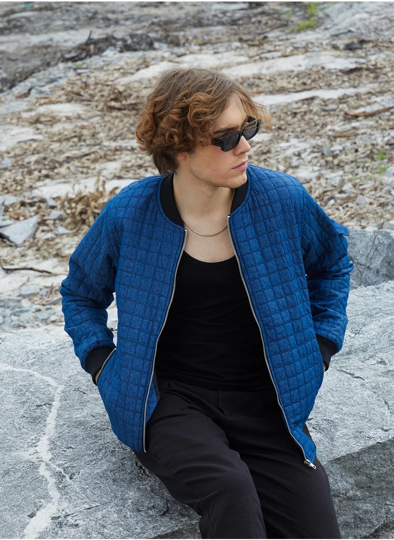 Campus Sutra Men's Indigo Blue Cubic-Quilted Bomber Jacket