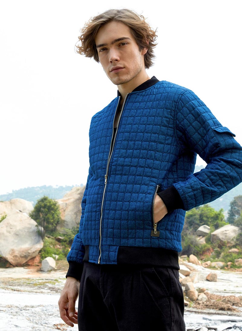 كامبوس سوترا Men's Indigo Blue Cubic-Quilted Bomber Jacket  - Image 3