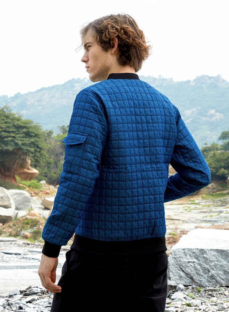 كامبوس سوترا Men's Indigo Blue Cubic-Quilted Bomber Jacket  - Image 5