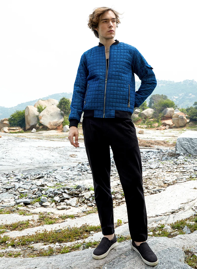 Campus Sutra Men's Indigo Blue Cubic-Quilted Bomber Jacket