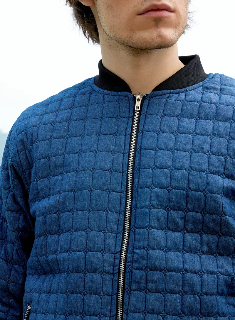 Campus Sutra Men's Indigo Blue Cubic-Quilted Bomber Jacket