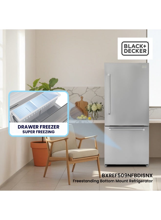 BLACK+DECKER 509L Gross 499L Net Capacity Freestanding Refrigerator, Bottom Freezer Drawer - BXREF509NFBDISNX Inox Finish 210 W BXREF509NFBDISNX Inox - Image 5