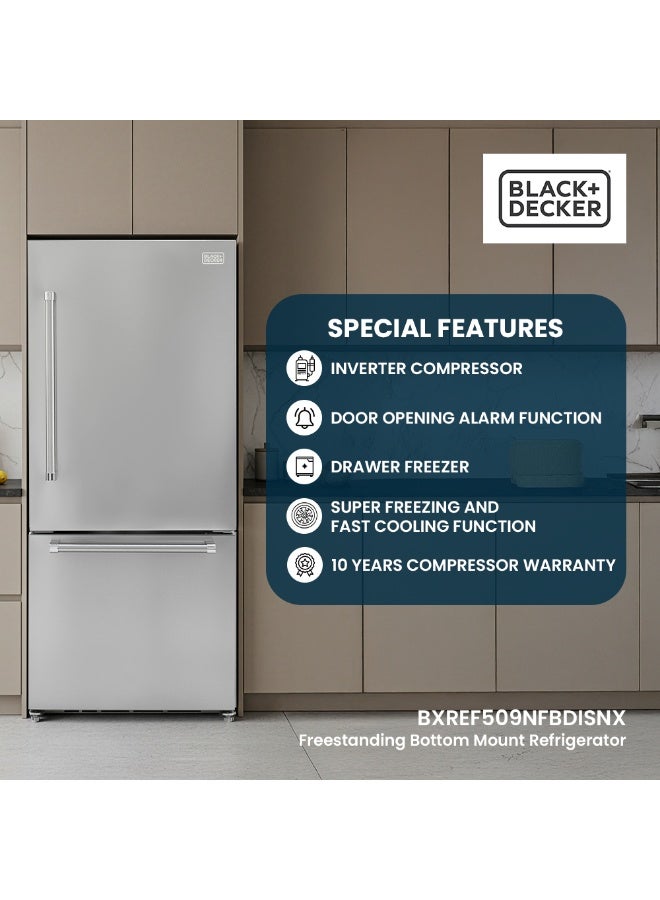 BLACK+DECKER 509L Gross 499L Net Capacity Freestanding Refrigerator, Bottom Freezer Drawer - BXREF509NFBDISNX Inox Finish 210 W BXREF509NFBDISNX Inox - Image 2