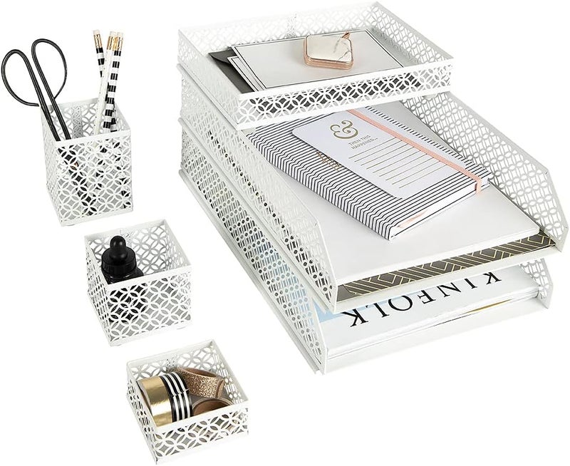 Blu Monaco Office Supplies White Desk Accessories for Women-6 Piece Interlocking Stylish Desk Organizer Set- Pen Cup, 3 Accessory Trays, 2 Letter Trays-White Office Paper Tray Holder - Image 1