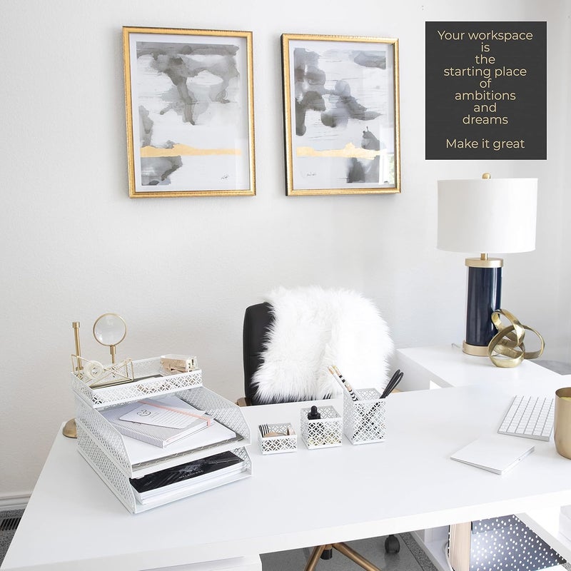Blu Monaco Office Supplies White Desk Accessories for Women-6 Piece Interlocking Stylish Desk Organizer Set- Pen Cup, 3 Accessory Trays, 2 Letter Trays-White Office Paper Tray Holder - Image 2