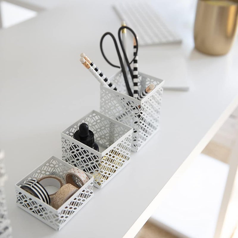 Blu Monaco Office Supplies White Desk Accessories for Women-6 Piece Interlocking Stylish Desk Organizer Set- Pen Cup, 3 Accessory Trays, 2 Letter Trays-White Office Paper Tray Holder - Image 5