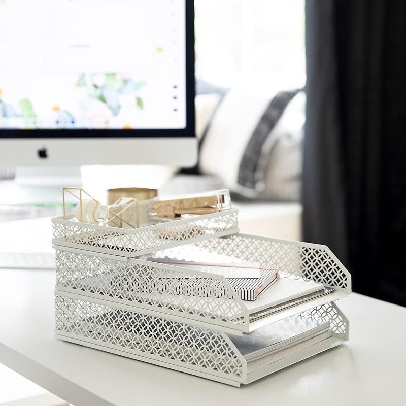 Blu Monaco Office Supplies White Desk Accessories for Women-6 Piece Interlocking Stylish Desk Organizer Set- Pen Cup, 3 Accessory Trays, 2 Letter Trays-White Office Paper Tray Holder - Image 4