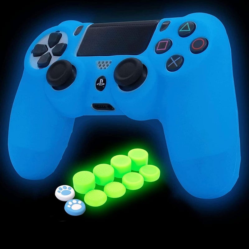 HLRAO Blue Controller Skin Silicone Grip Glow in Dark Protective Case Compatible with PS4/Slim/Pro Controller with 8 Glow in The Dark Thumb Grips Caps + 2 Cute Cat Paw Thumb Grips Caps. - Image 1
