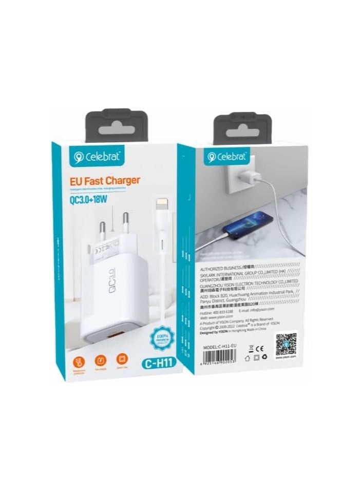 Celebrat Celebrat C-H11-EU Fast Charger With USB A To Lightning Charging Cable And Intelligent Identification Smart Chip Fits Various Smart Devices 18W - White  - Image 3