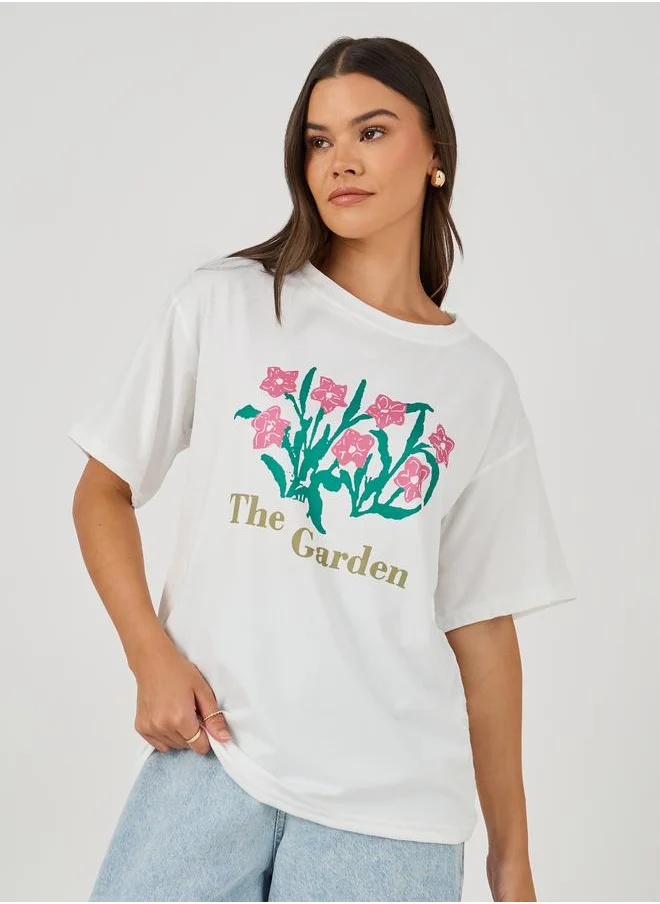 ستايلي Styli Floral Graphic Print Short Sleeve Oversized T-Shirt