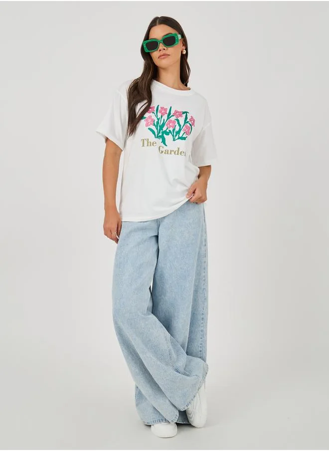 ستايلي Styli Floral Graphic Print Short Sleeve Oversized T-Shirt