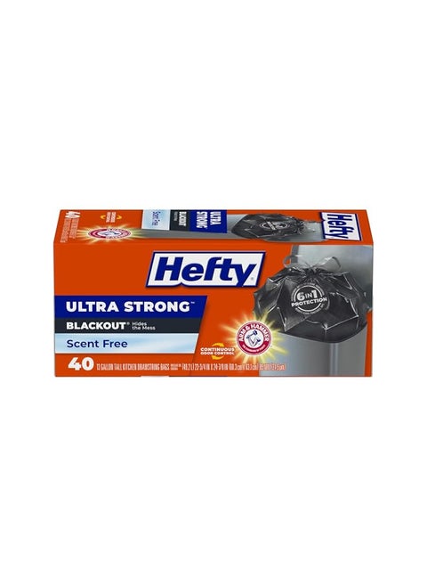 Hefty Ultra Strong Tall Kitchen Trash Bags, Blackout, Unscented, 13 Gallon, 40 Count