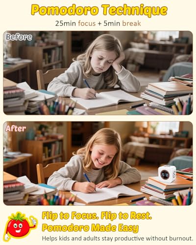 COWVTUJ Digital Pomodoro Timer Cube 5/10/25/50min, Visual Productivity Flip Timer for Kids Classroom Desk, Custom Countdown, Silent and Sound Mode for ADHD Study Work Game Kitchen (White) - Image 3