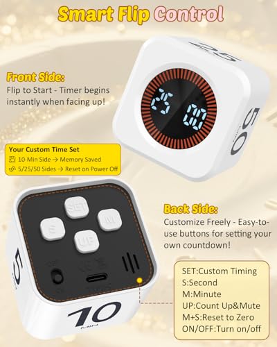 COWVTUJ Digital Pomodoro Timer Cube 5/10/25/50min, Visual Productivity Flip Timer for Kids Classroom Desk, Custom Countdown, Silent and Sound Mode for ADHD Study Work Game Kitchen (White) - Image 4