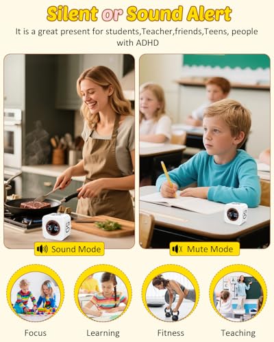 COWVTUJ Digital Pomodoro Timer Cube 5/10/25/50min, Visual Productivity Flip Timer for Kids Classroom Desk, Custom Countdown, Silent and Sound Mode for ADHD Study Work Game Kitchen (White) - Image 5